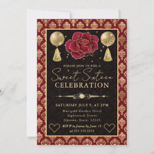 Invitation Cœur Rouge & Or Damassé & Rose Seize Ans