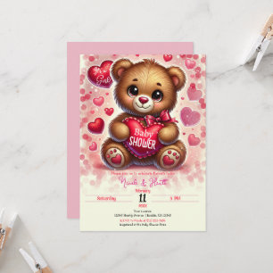 Invitation Cœur Rouge Ours en Peluche Saint-Valentin Baby Sho