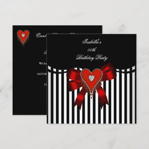 Invitation Cœur Rouge Rayure Noir Blanc Nœud Fête d'anniversa
