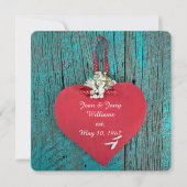 Invitation coeur rouge sur le renouveau voeu bois turquoise (Devant)