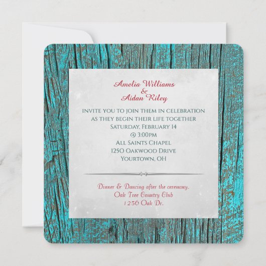 Invitation coeur rouge sur mariage en bois turquoise (Dos)