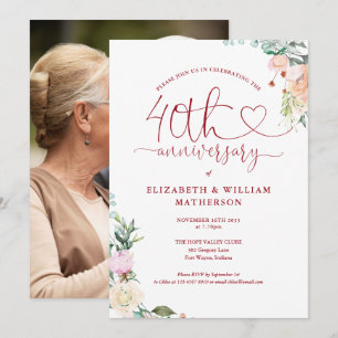 Invitation Cœur Ruby Floral Photo 40e Anniversaire