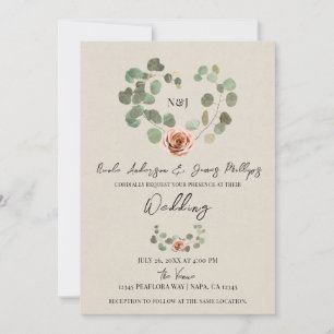 Invitation Cœur rustique de rose rose et d'eucalyptus pour ma