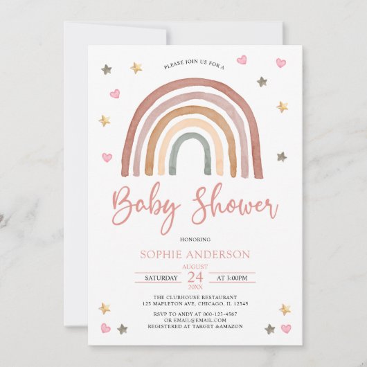 Invitation Coeur Star Muted Tones Boho Rainbow Baby shower (Devant)