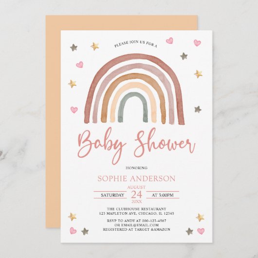 Invitation Coeur Star Muted Tones Boho Rainbow Baby shower (Devant / Derrière)