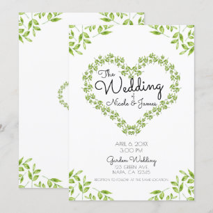 Invitation Cœur Vert Feuilles Mariage Campagnard Chic Végétal