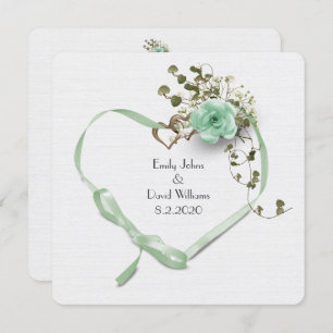 Invitation Coeur vert menthe mariage et bouquet de rose