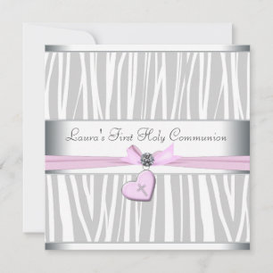 Invitation Cœur Zèbre Rose Blanc Première Communion