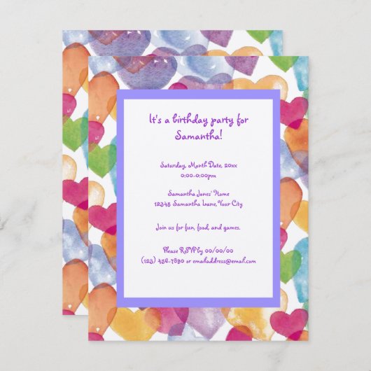 Invitation Cœurs à l'aquarelle (Devant / Derrière)