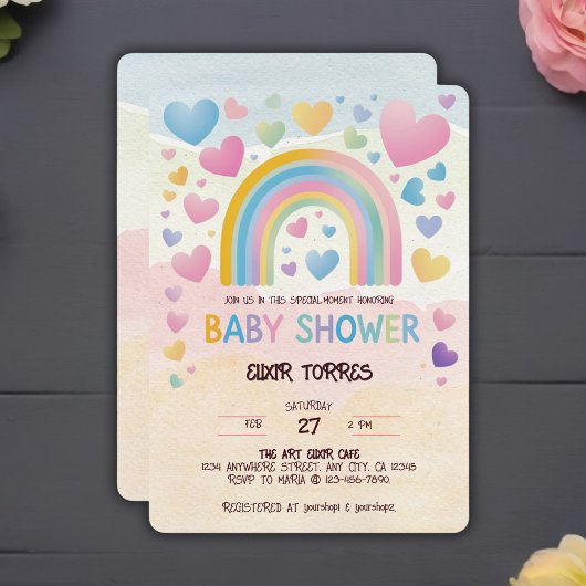 Invitation Coeurs amusants et Baby shower arc-en-ciel