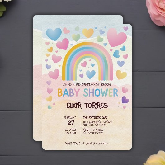 Invitation Coeurs amusants et Baby shower arc-en-ciel