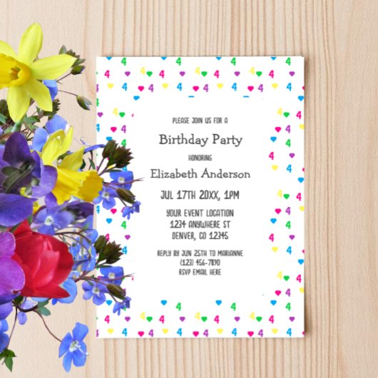 Invitation Coeurs arc-en-ciel 4e anniversaire