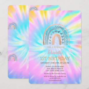 Invitation Cœurs arc-en-ciel à l'aquarelle Teinture tie-dye A