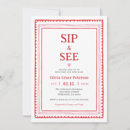 Invitation Coeurs bébé fille Sip et voir Bienvenue bébé (Devant)