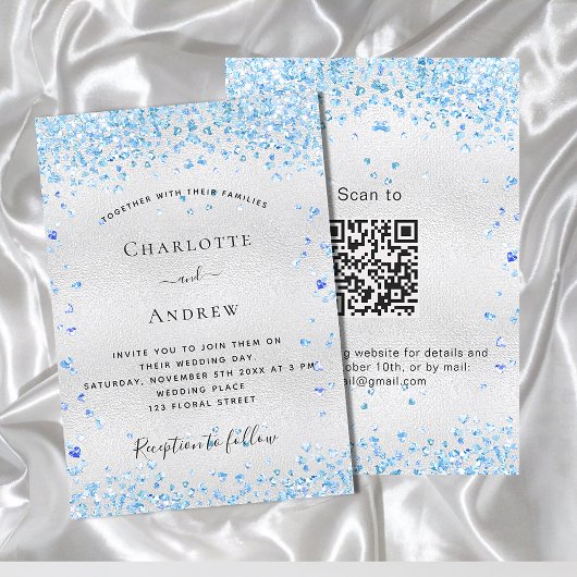 Invitation Coeurs bleu argent QR code RSVP mariage de luxe