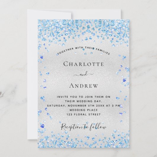Invitation Coeurs bleu argenté Code QR mariage RSVP (Devant)