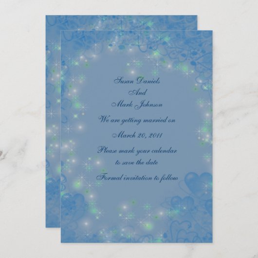 Invitation Cœurs bleus Mariage lumières scintillantes Enregis (Devant / Derrière)