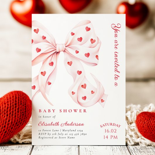 Invitation Coeurs Bow rose Valentines Baby shower