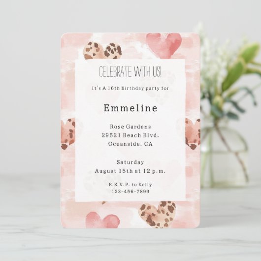 Invitation Coeurs Brown roses Leopard Poster de animal Annive (Debout devant)
