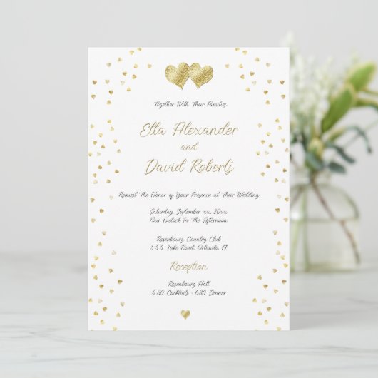 Invitation Coeurs Confetti Or, Mariage (Debout devant)