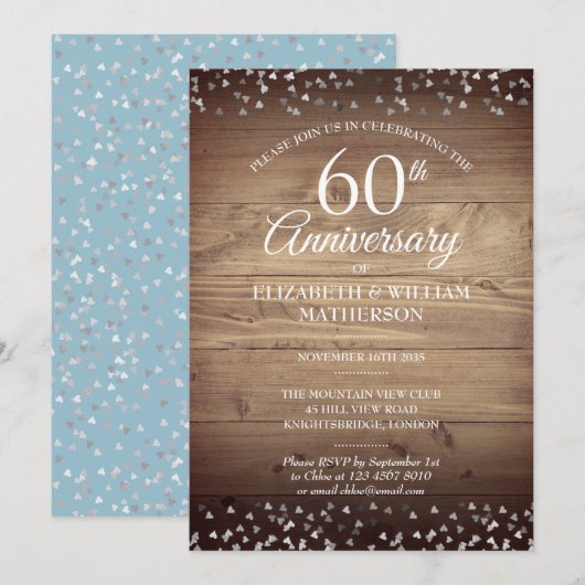 Invitation Cœurs d'amour de confettis en bois rustique pour 6 (Devant / Derrière)