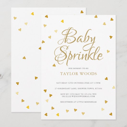 Invitation Coeurs d'amour d'or Confetti Bébé Sprinkle / Douch (Devant / Derrière)