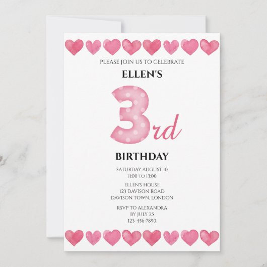 Invitation Coeurs d'amour rose 3e anniversaire Photo (Devant)