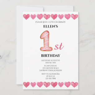 Invitation Cœurs d'amour roses 1ère photo d'anniversaire