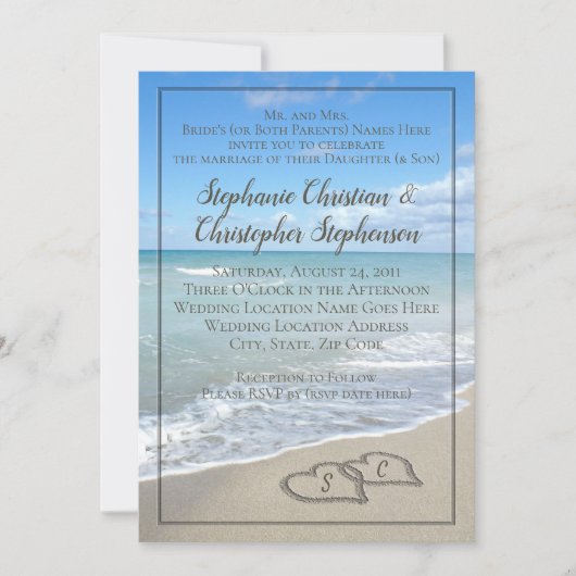 Invitation Coeurs dans la plage de sable Mariage sur mesure M (Devant)