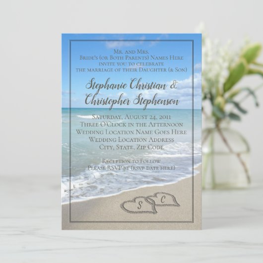 Invitation Coeurs dans la plage de sable Mariage sur mesure M (Debout devant)