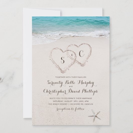 Invitation Coeurs dans le sable destination mariage plage (Devant)