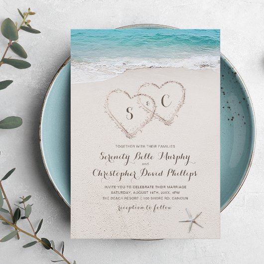 Invitation Coeurs dans le sable destination mariage plage