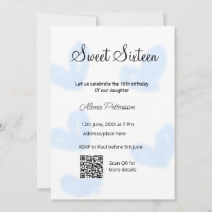 Invitation Coeurs d'aquarelle bleu QR Sweet sixteen anniversa