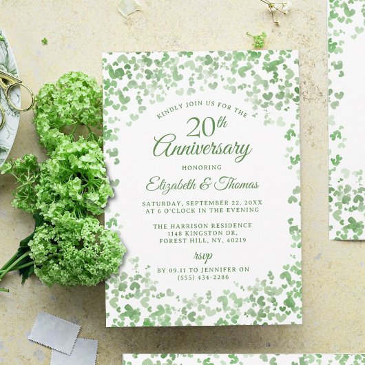 Invitation Coeurs d'aquarelle verte 20e anniversaire de Maria