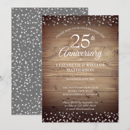 Invitation Cœurs d'argent pour le 25e anniversaire Bois rusti (Devant / Derrière)