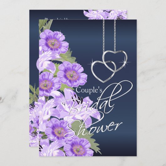 Invitation Coeurs d'argent sur Lavender & Navy Satin (Devant / Derrière)