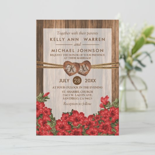 Invitation Coeurs de bois monogramme avec napperons rouges (Debout devant)