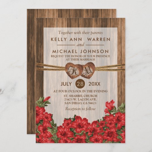 Invitation Coeurs de bois monogramme avec napperons rouges (Devant / Derrière)