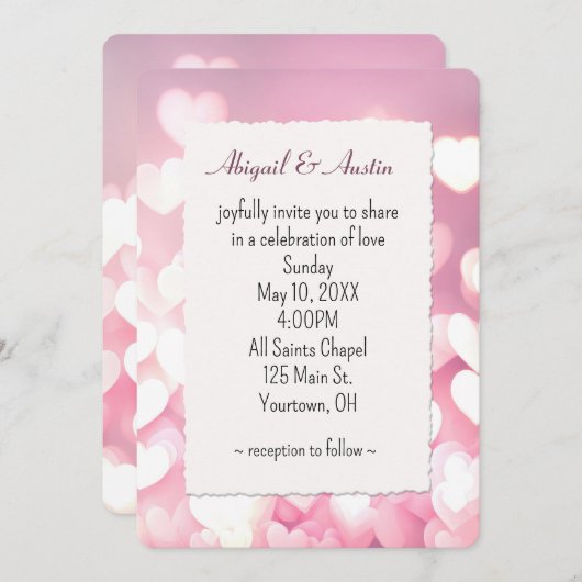 Invitation Coeurs De Bokeh mariage Rose Et Blanc (Devant / Derrière)