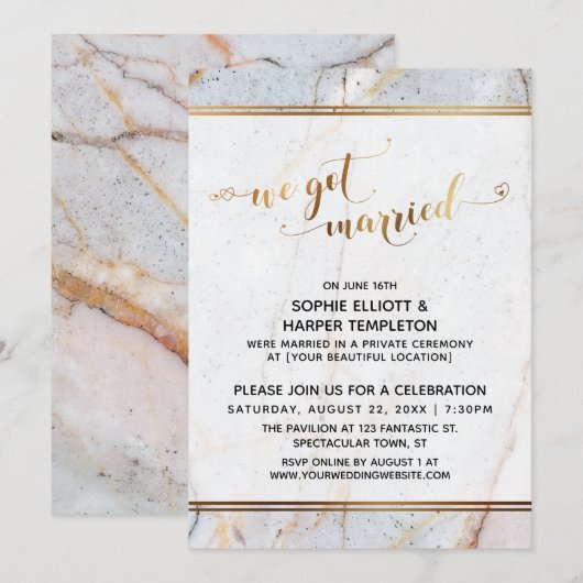 Invitation Cœurs de calligraphie de mariage de marbre doré (Devant / Derrière)