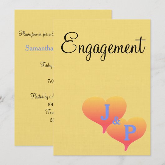 Invitation Cœurs de coucher de soleil jaune bleu Monogramme E (Devant / Derrière)