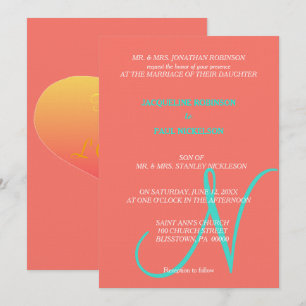 Invitation Cœurs de coucher de soleil Monogramme Corail Turqu