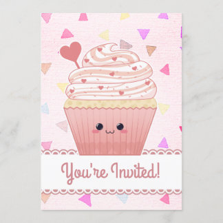 Invitation Cœurs de Cupcake Kawaii rose