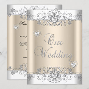 Invitation Cœurs de diamant blanc argenté de mariage crème