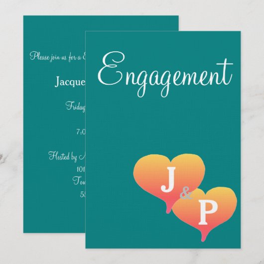 Invitation Cœurs de fiançailles Monogramme Vert sarcelle au c (Devant / Derrière)