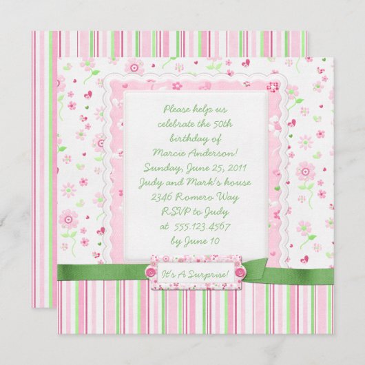 Invitation Coeurs de fleurs vertes roses pour filles Annivers (Devant / Derrière)