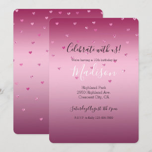 Invitation Coeurs de Parties scintillant en verre rose