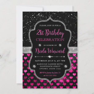 Invitation Coeurs de Parties scintillant rose et noir 21e ann