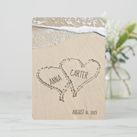 Invitation Coeurs de plage mariages avec surf (Debout devant)
