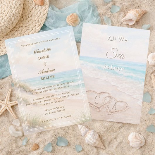 Invitation Cœurs de plage sable initiales mariage